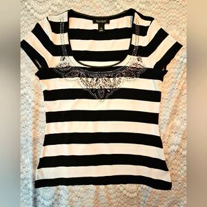 White House Black Market Women's Black and White Striped Jewel Beaded Top Medium
